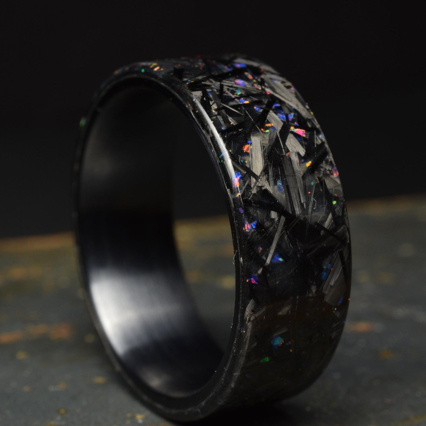 Small Chopped Forged Carbon with Blue/Red Opal on Brushed Black Titanium - Lowlight