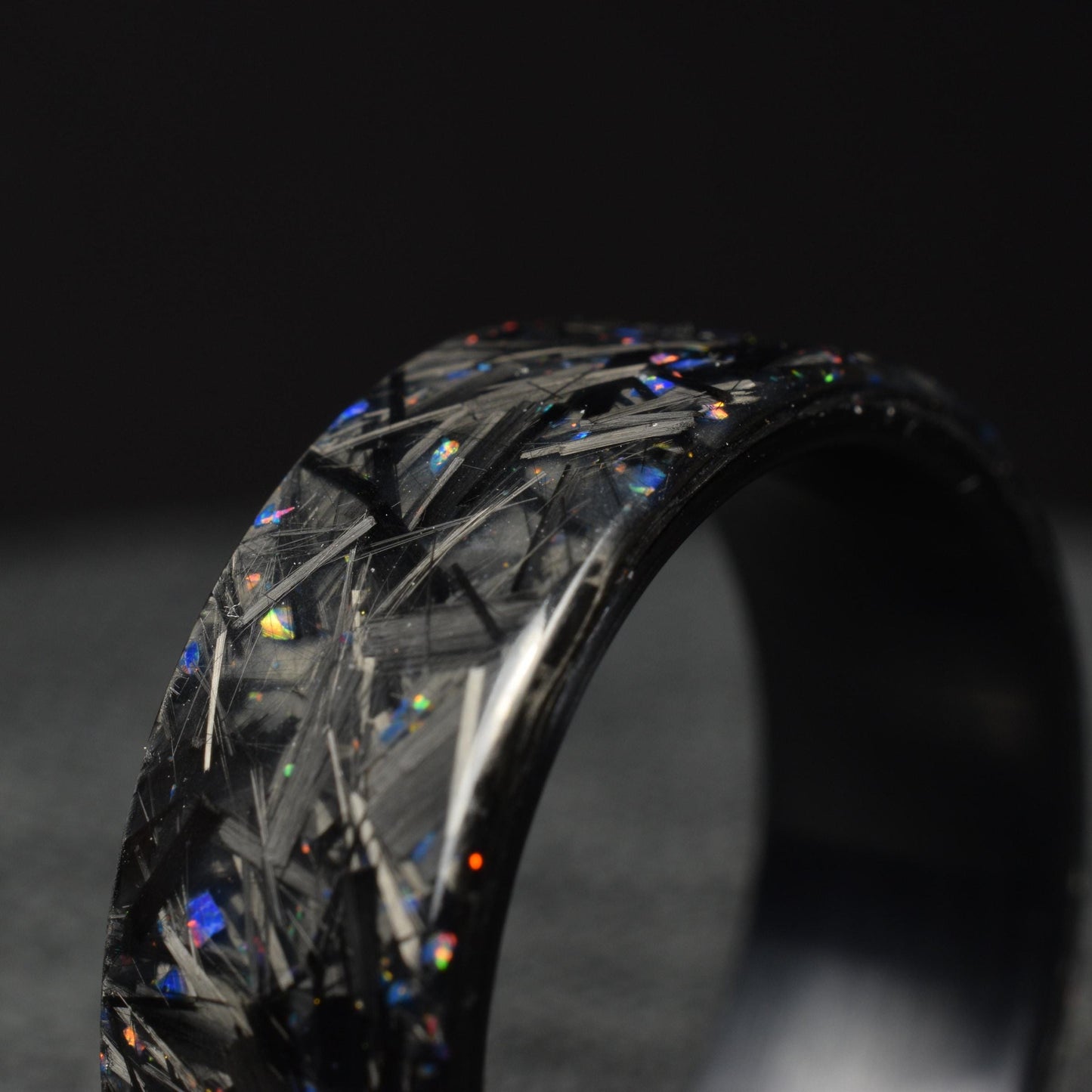 Small Chopped Forged Carbon with Blue/Red Opal on Brushed Black Titanium - Lowlight