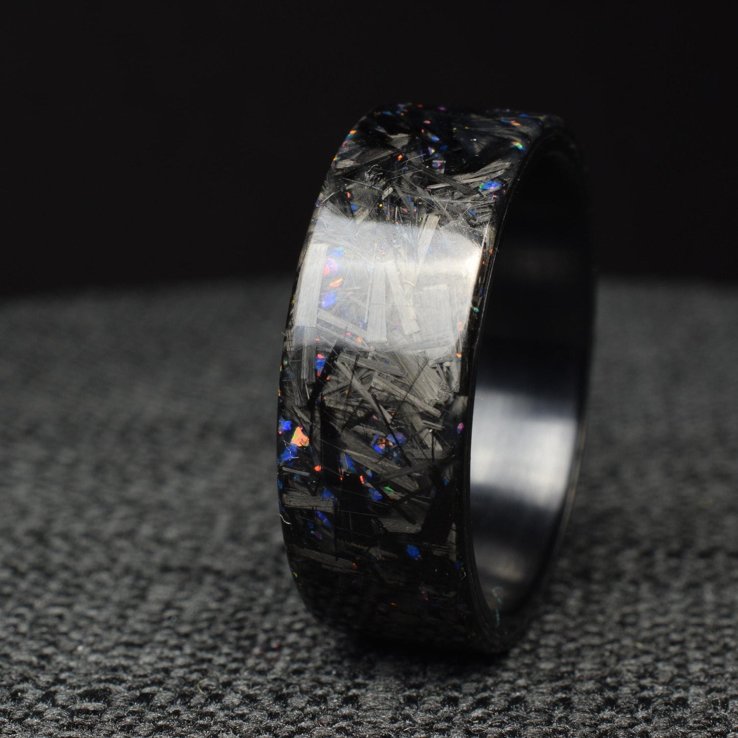 Small Chopped Forged Carbon with Blue/Red Opal on Brushed Black Titanium - Lowlight