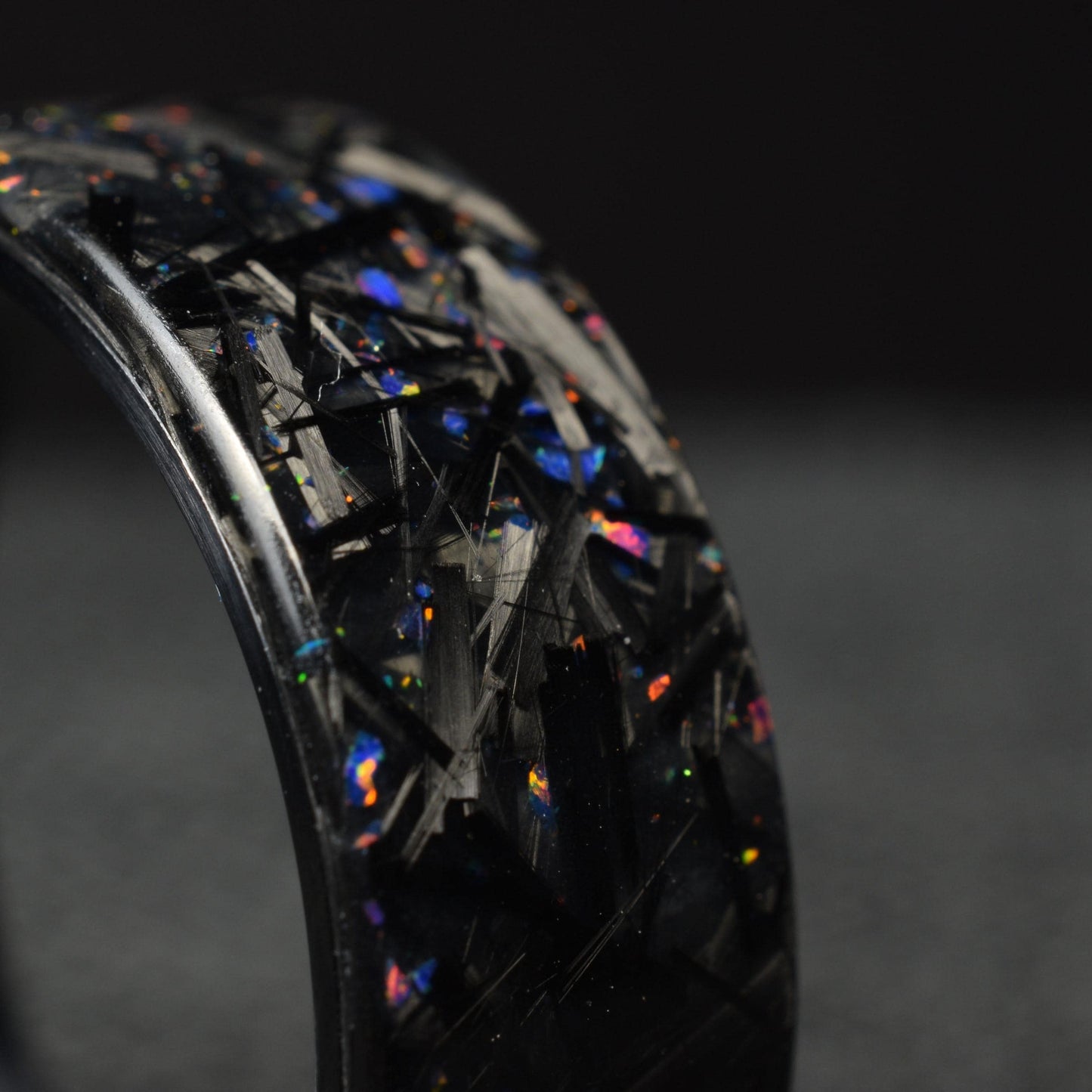 Small Chopped Forged Carbon with Blue/Red Opal on Brushed Black Titanium - Lowlight
