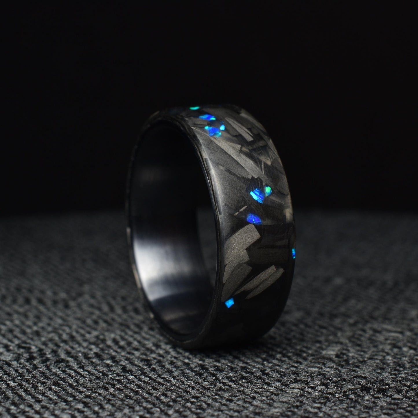 Matte Blue Opal Lg Forged Carbon Fiber, Black Titanium Lined Wedding Band - Midnight Forge
