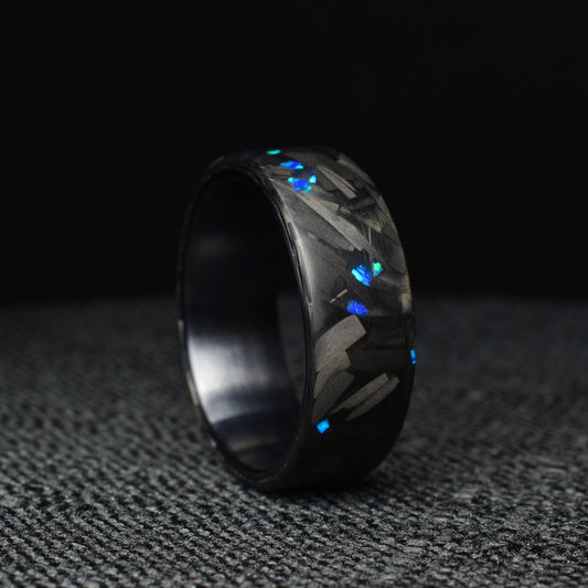 Matte Blue Opal Lg Forged Carbon Fiber, Black Titanium Lined Wedding Band - Midnight Forge