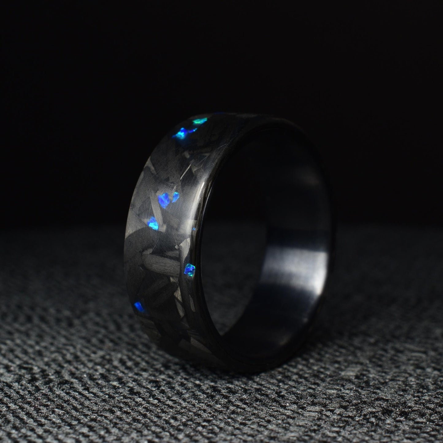 Matte Blue Opal Lg Forged Carbon Fiber, Black Titanium Lined Wedding Band - Midnight Forge