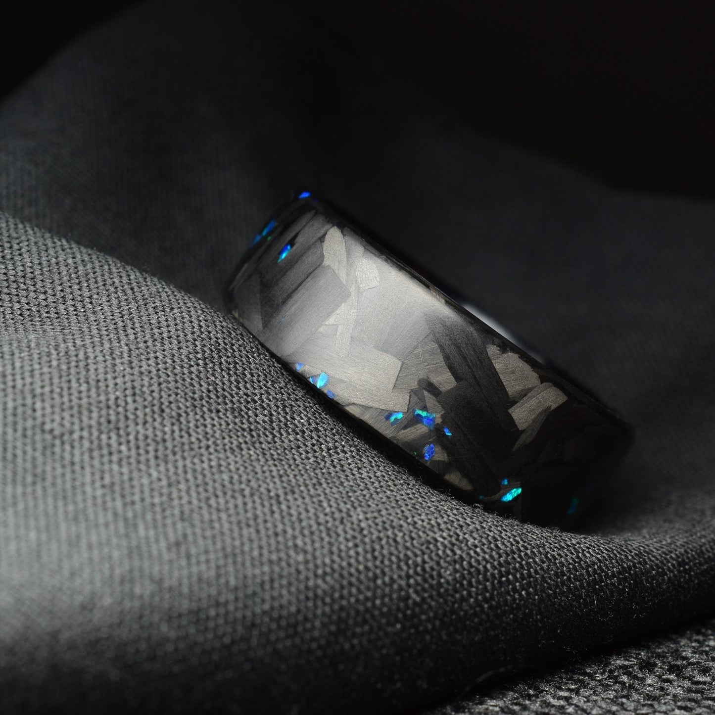 Matte Blue Opal Lg Forged Carbon Fiber, Black Titanium Lined Wedding Band - Midnight Forge