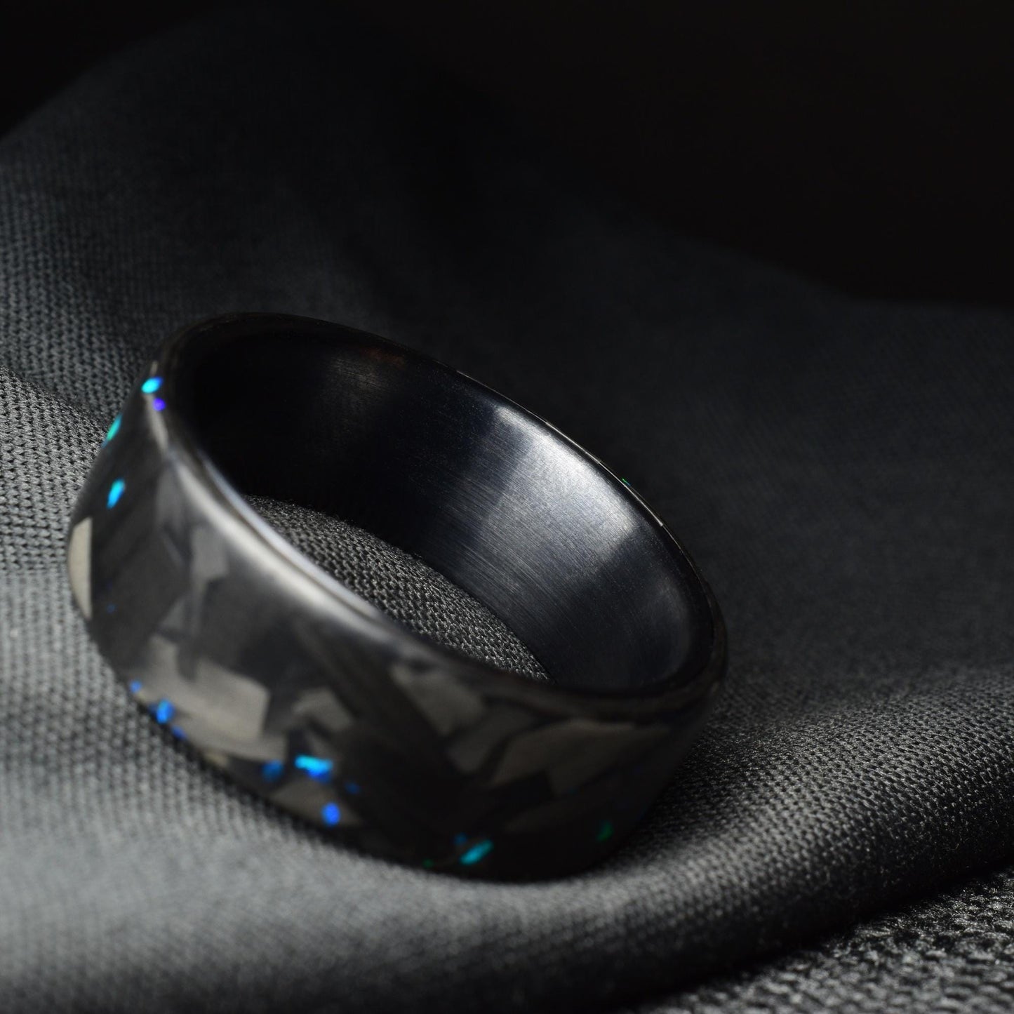 Matte Blue Opal Lg Forged Carbon Fiber, Black Titanium Lined Wedding Band - Midnight Forge