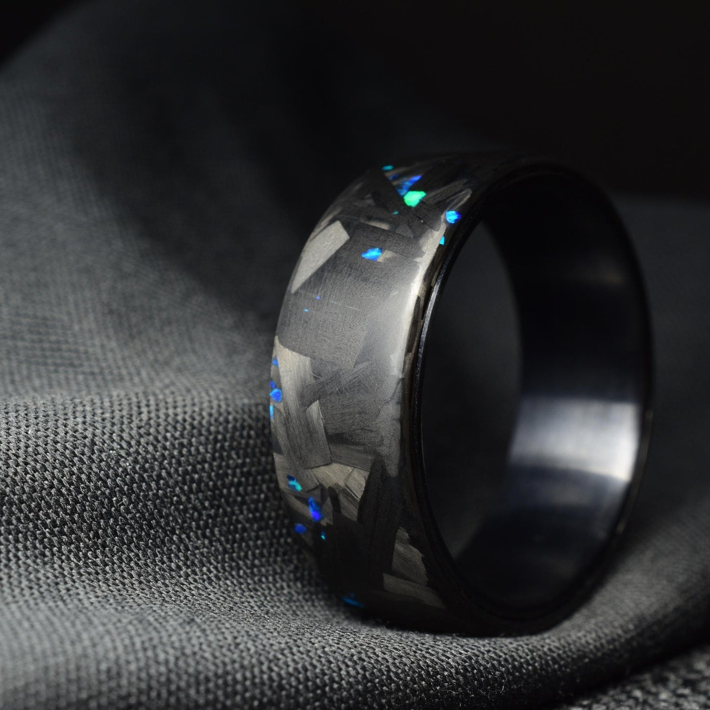 Matte Blue Opal Lg Forged Carbon Fiber, Black Titanium Lined Wedding Band - Midnight Forge