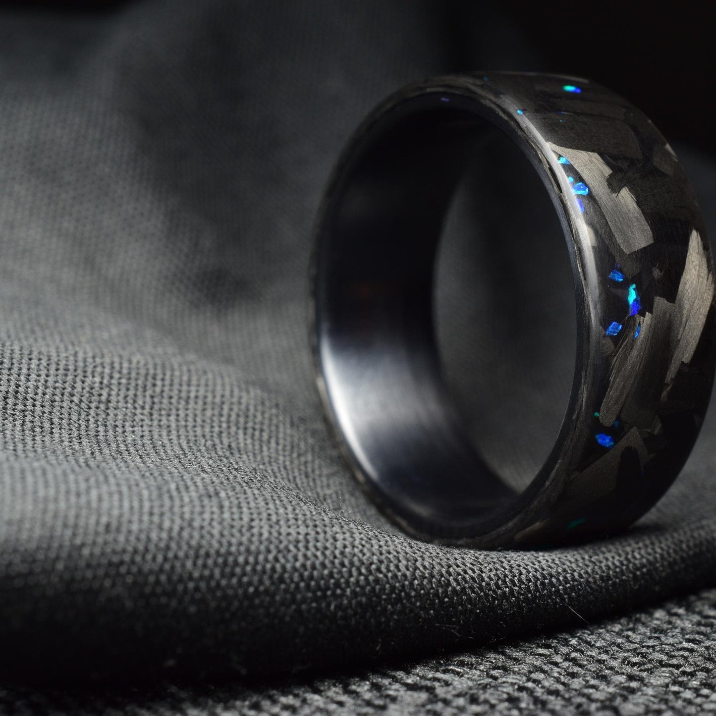 Matte Blue Opal Lg Forged Carbon Fiber, Black Titanium Lined Wedding Band - Midnight Forge