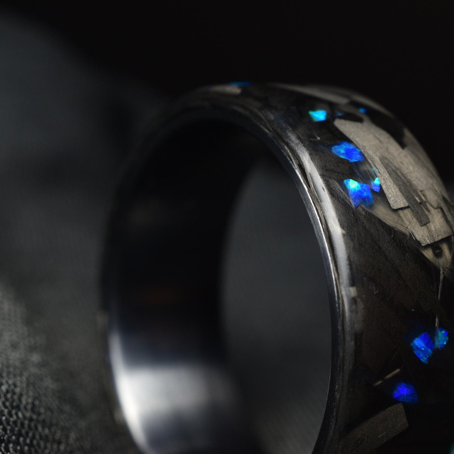 Matte Blue Opal Lg Forged Carbon Fiber, Black Titanium Lined Wedding Band - Midnight Forge