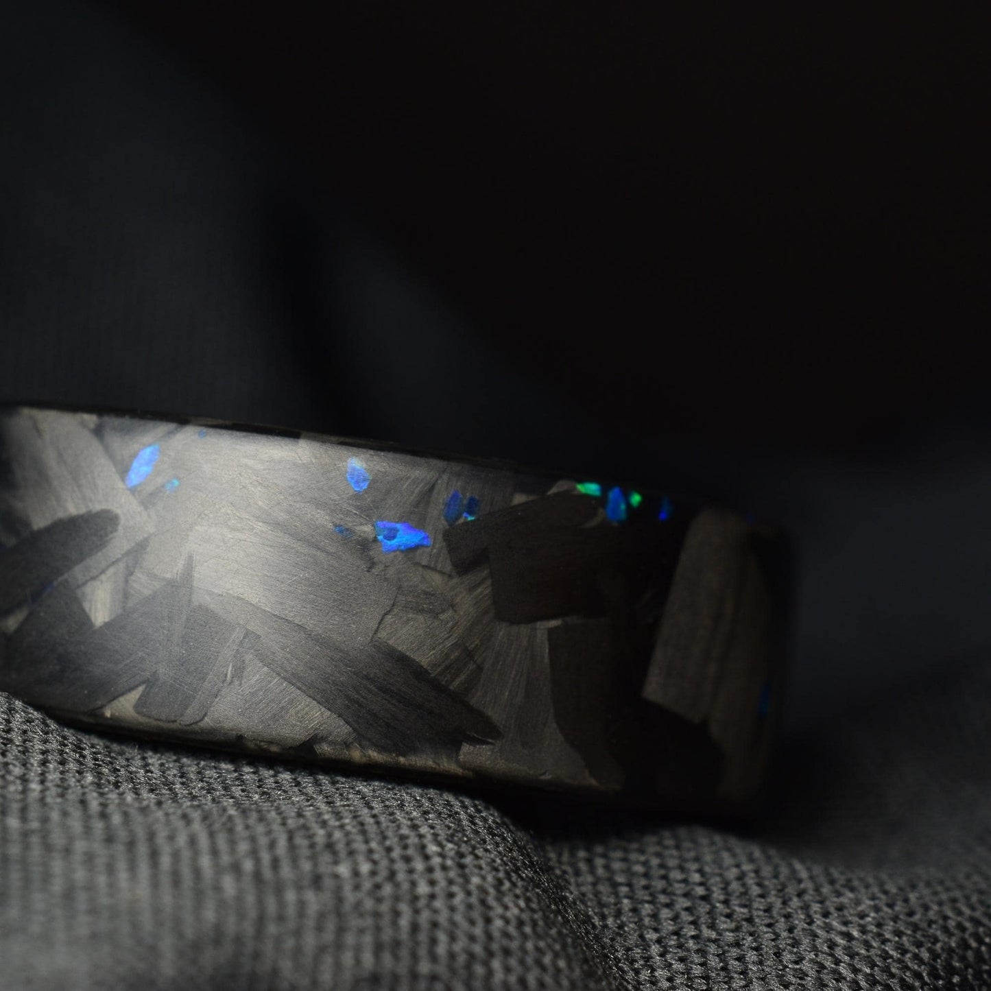Matte Blue Opal Lg Forged Carbon Fiber, Black Titanium Lined Wedding Band - Midnight Forge