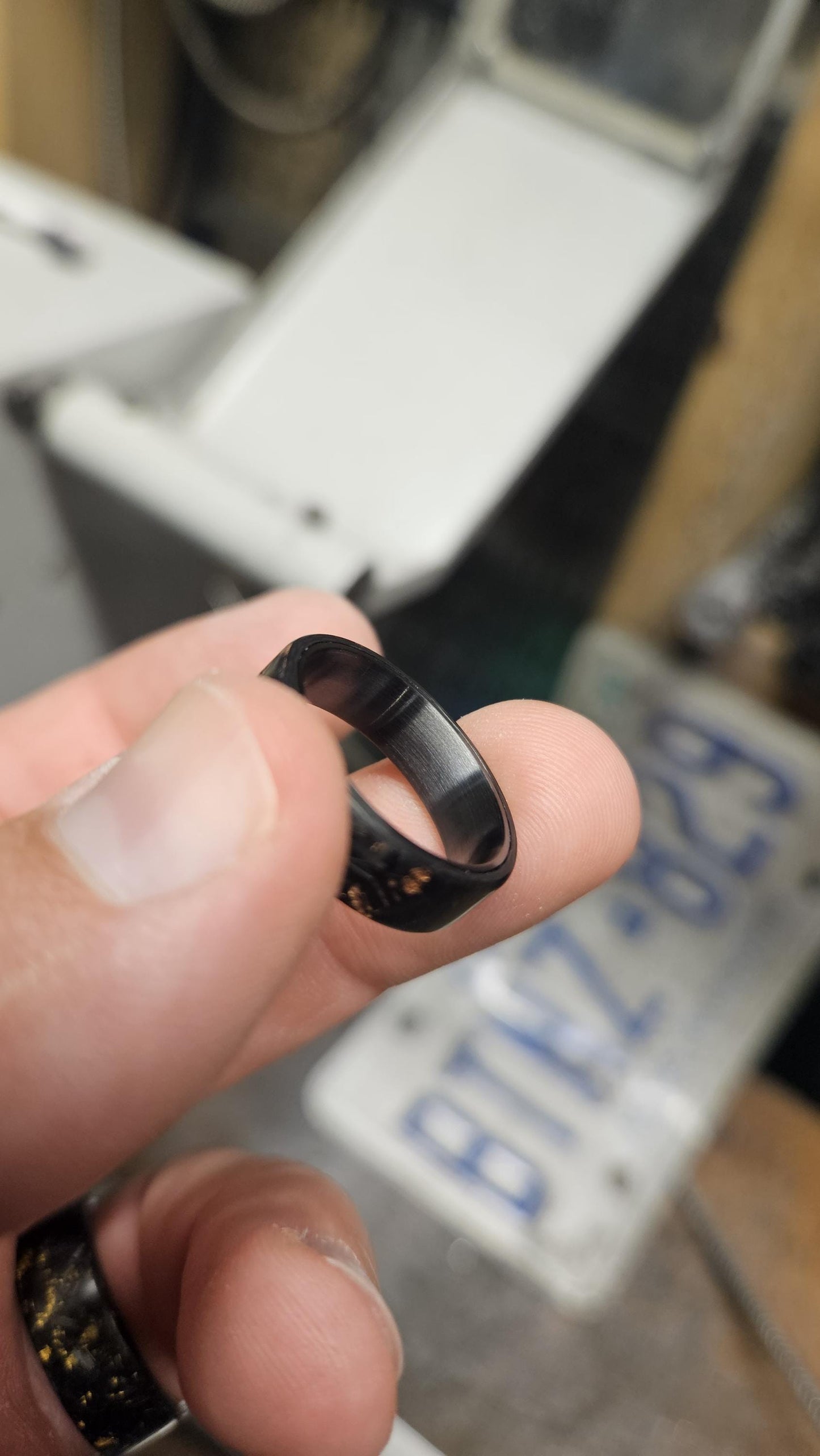 Copper Chopped Carbon Fiber Ring: Brushed Black Titanium Liner, Forged Style. view 9