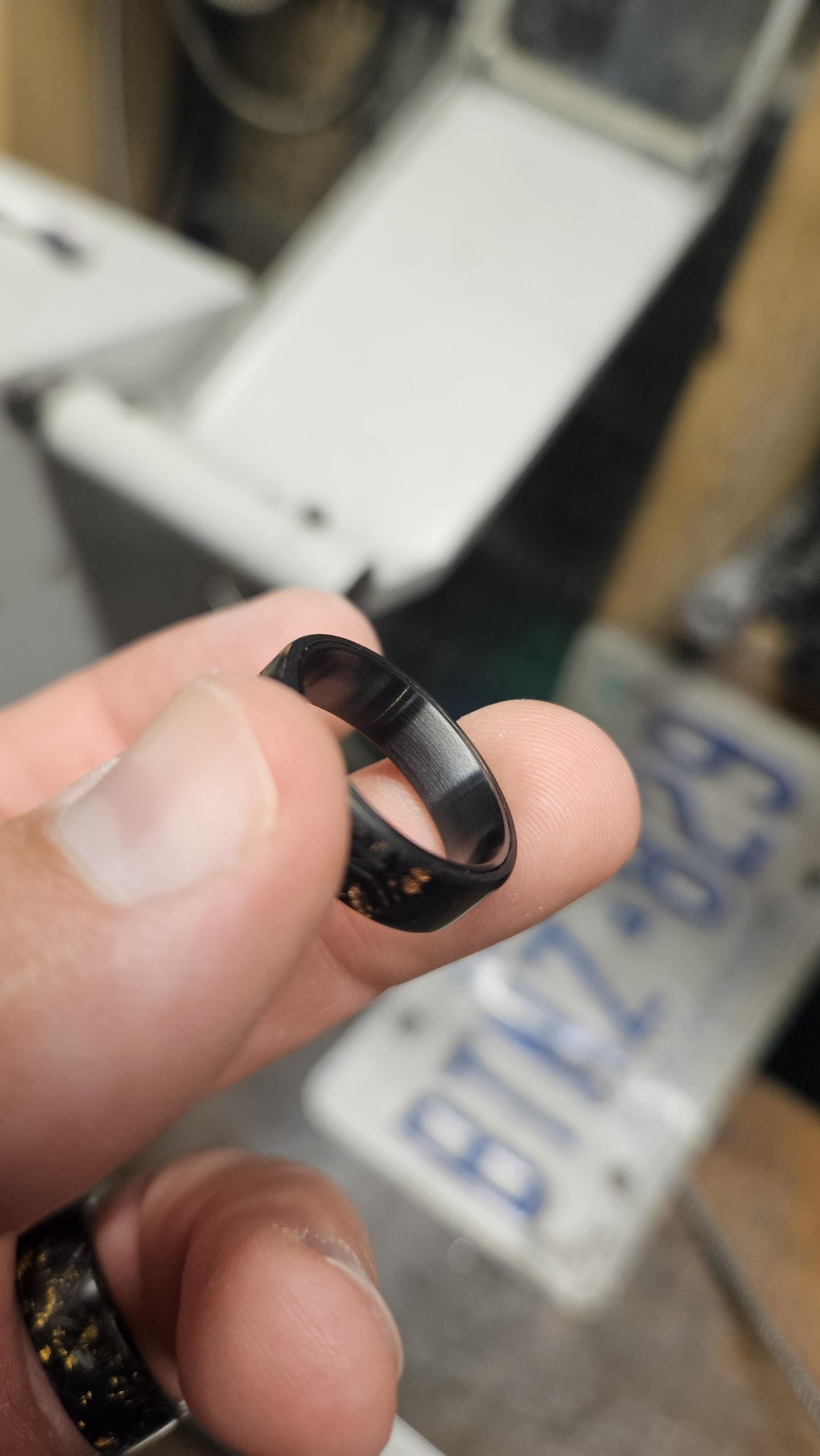 Copper Chopped Carbon Fiber Ring: Brushed Black Titanium Liner, Forged Style. view 9