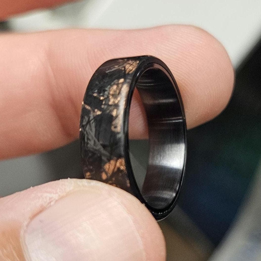 Copper Chopped Carbon Fiber Ring: Brushed Black Titanium Liner, Forged Style. view 8