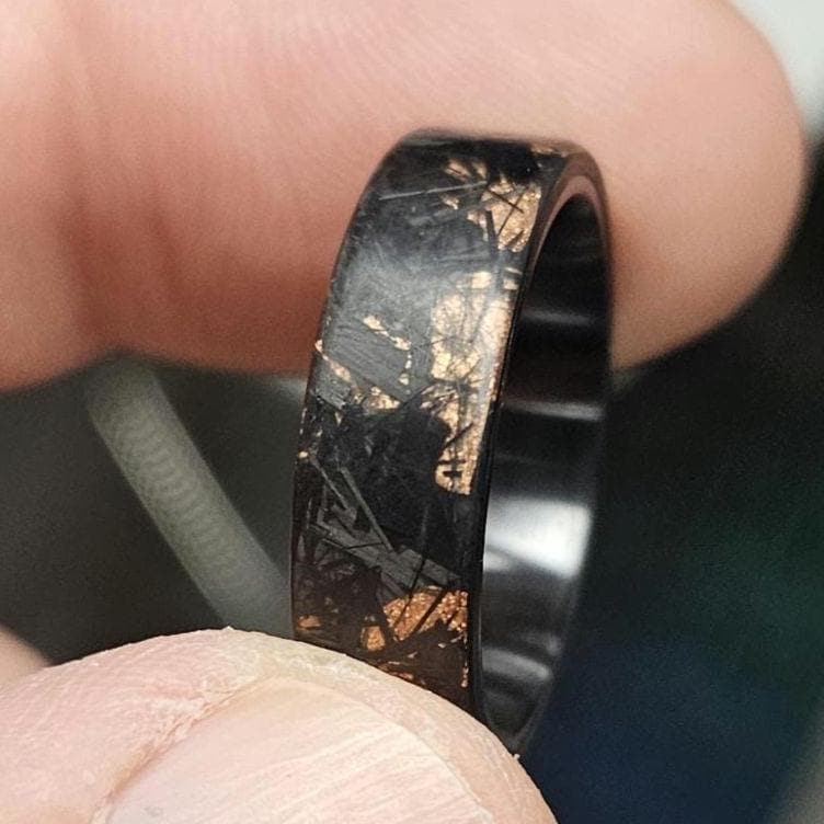 Copper Chopped Carbon Fiber Ring: Brushed Black Titanium Liner, Forged Style. view 7