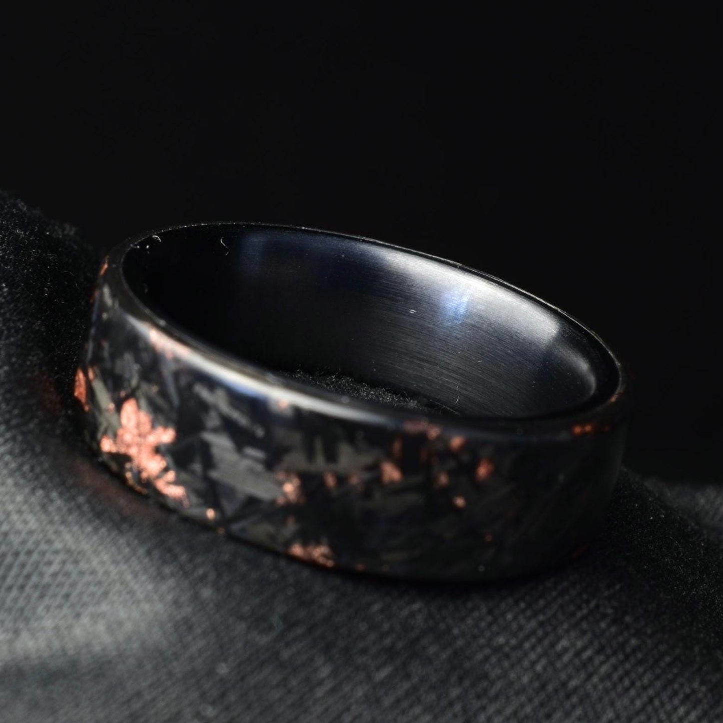 Copper Chopped Carbon Fiber Ring: Brushed Black Titanium Liner, Forged Style. view 4