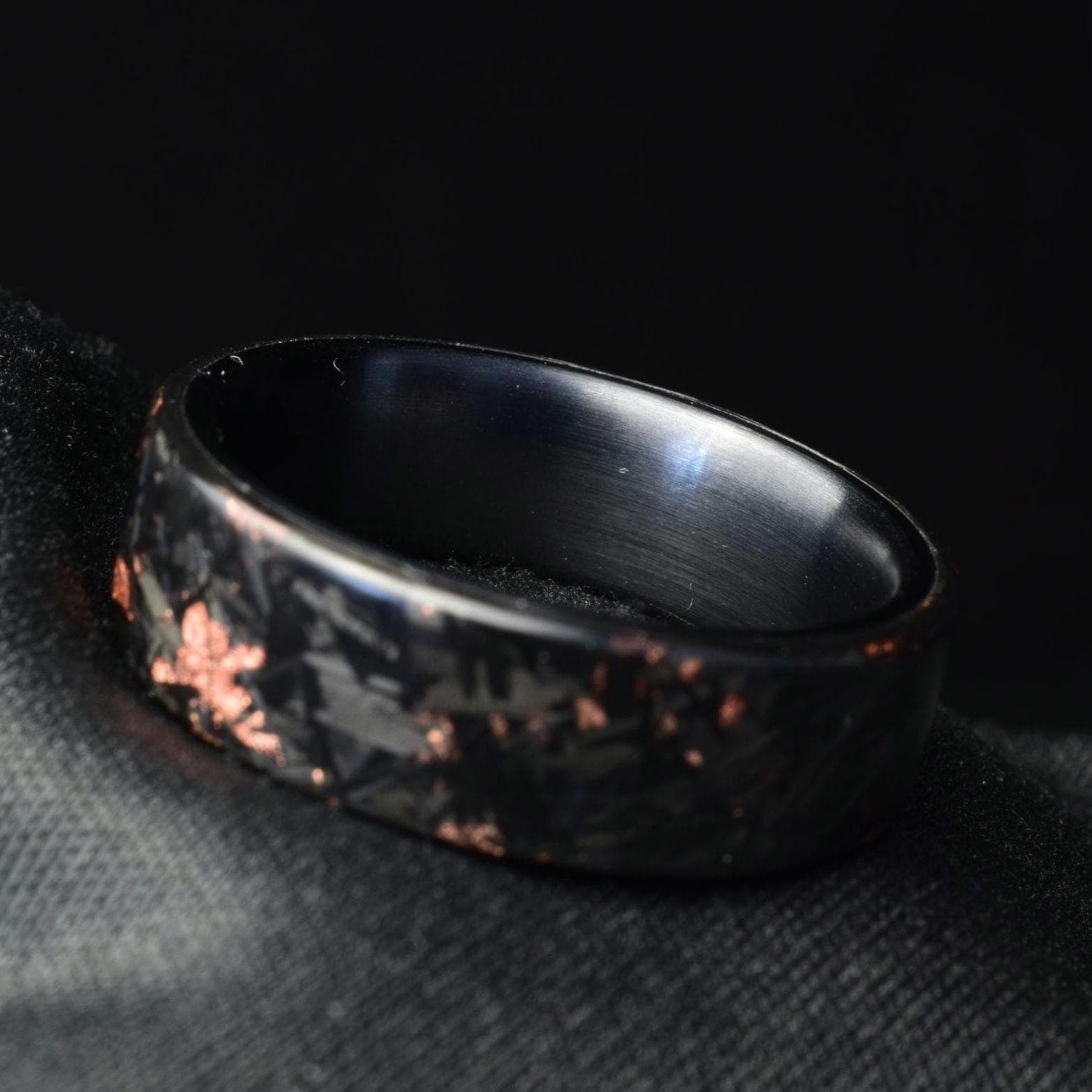 Copper Chopped Carbon Fiber Ring: Brushed Black Titanium Liner, Forged Style. view 4