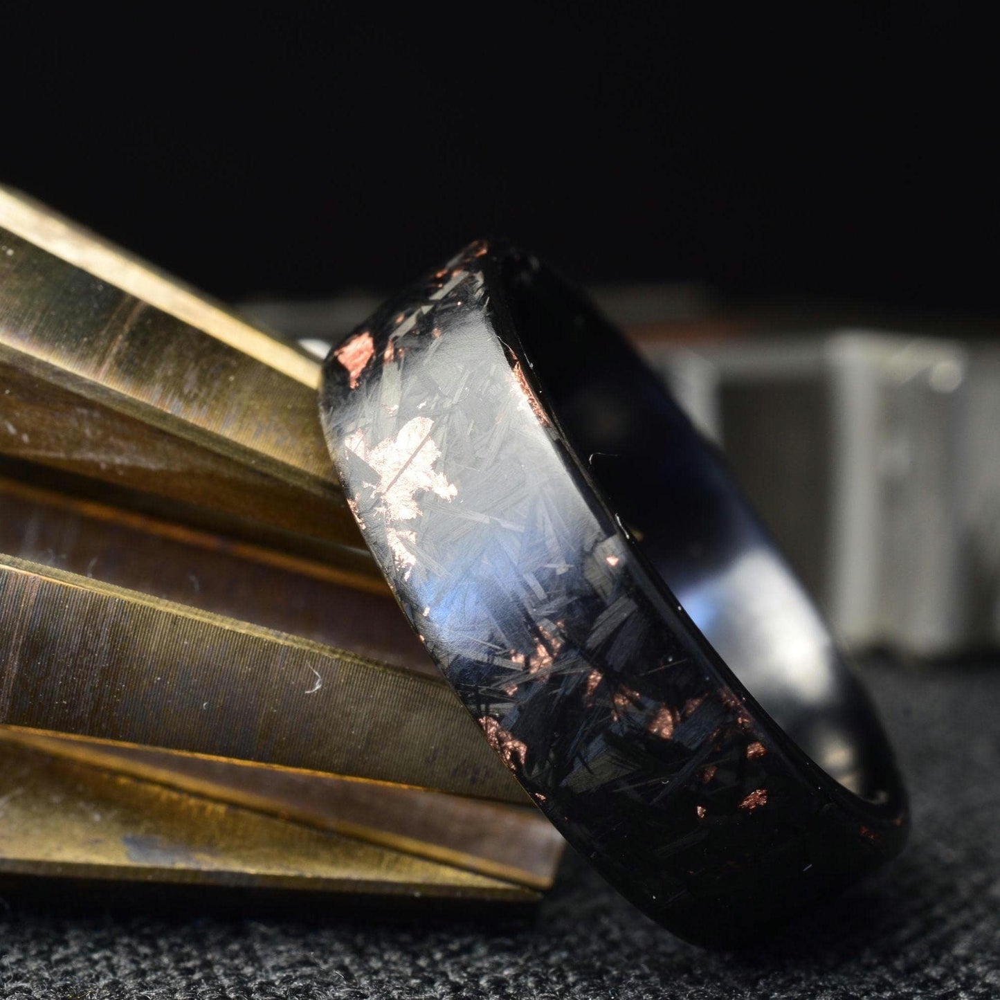 Copper Chopped Carbon Fiber Ring: Brushed Black Titanium Liner, Forged Style. view 5
