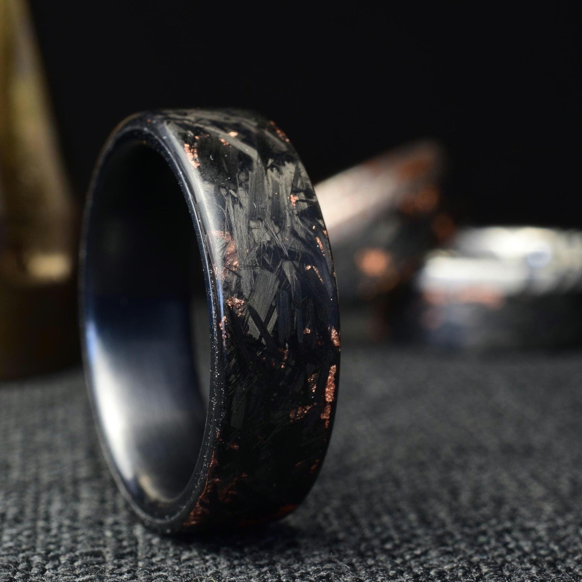 Copper Chopped Carbon Fiber Ring: Brushed Black Titanium Liner, Forged Style. view 6