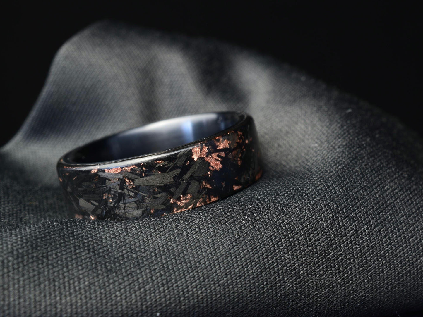 Copper Chopped Carbon Fiber Ring: Brushed Black Titanium Liner, Forged Style. view 2