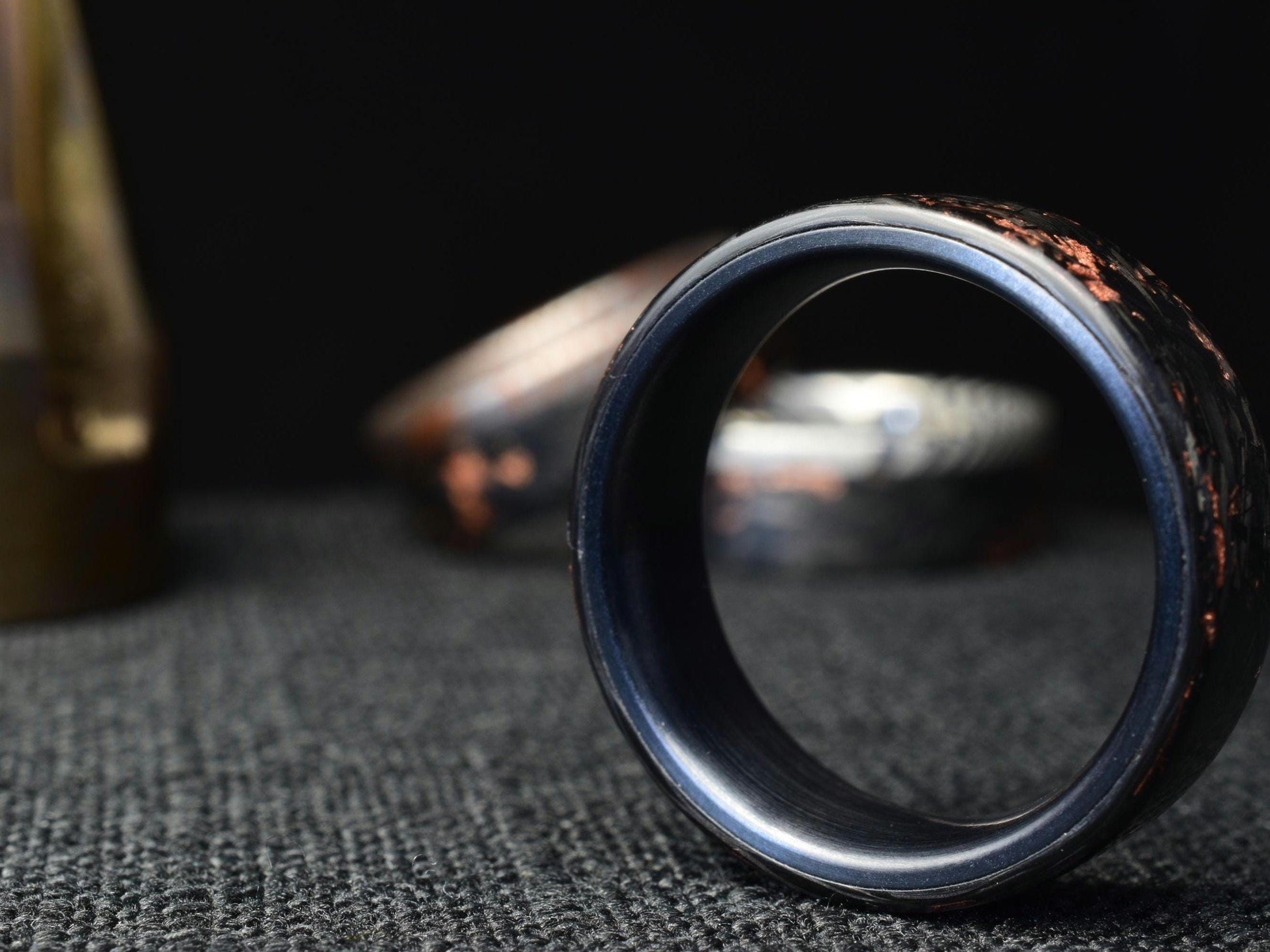 Copper Chopped Carbon Fiber Ring: Brushed Black Titanium Liner, Forged Style. view 3
