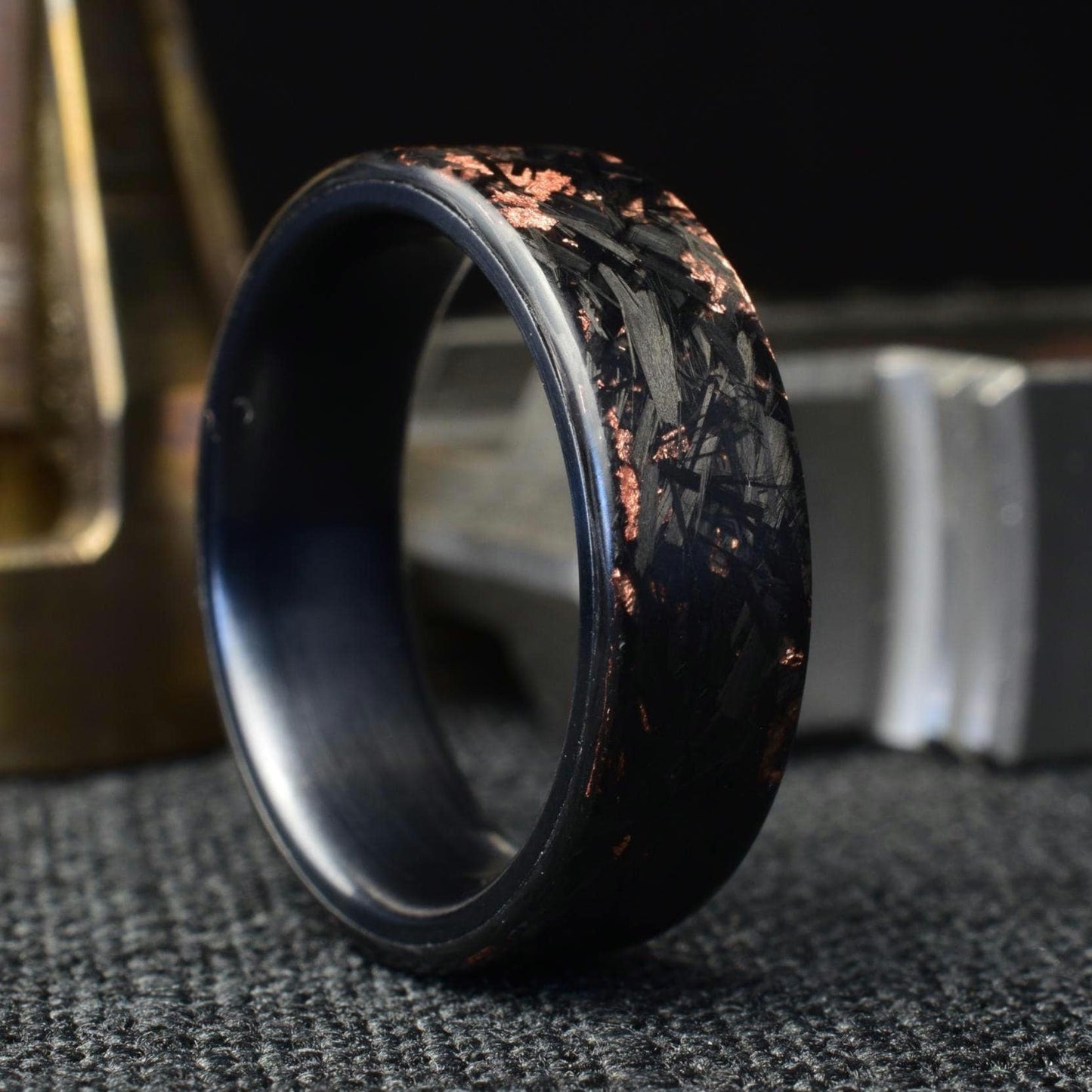 Copper Chopped Carbon Fiber Ring: Brushed Black Titanium Liner, Forged Style. view 1
