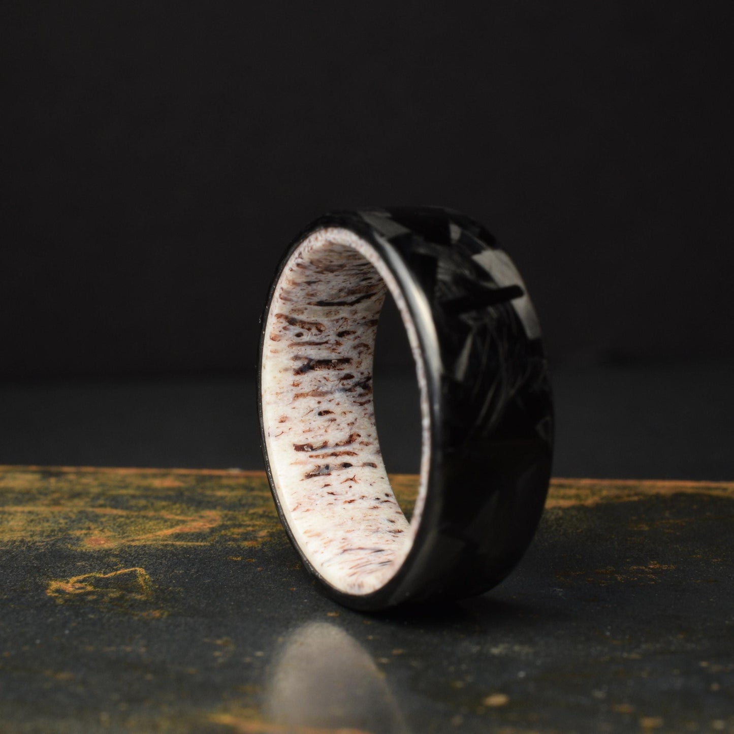Polished Lg Chopped Carbon Fiber Wedding Band with Deer Antler Liner — Apex Hunter view 2