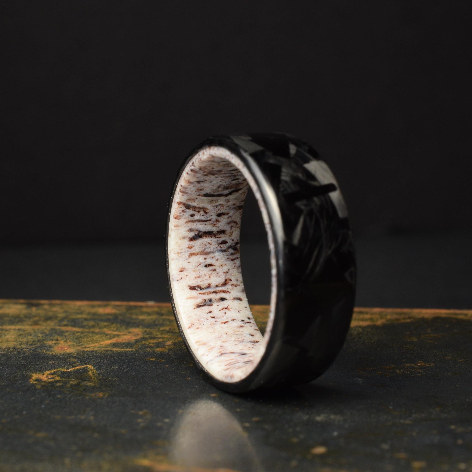 Polished Lg Chopped Carbon Fiber Wedding Band with Deer Antler Liner — Apex Hunter view 2