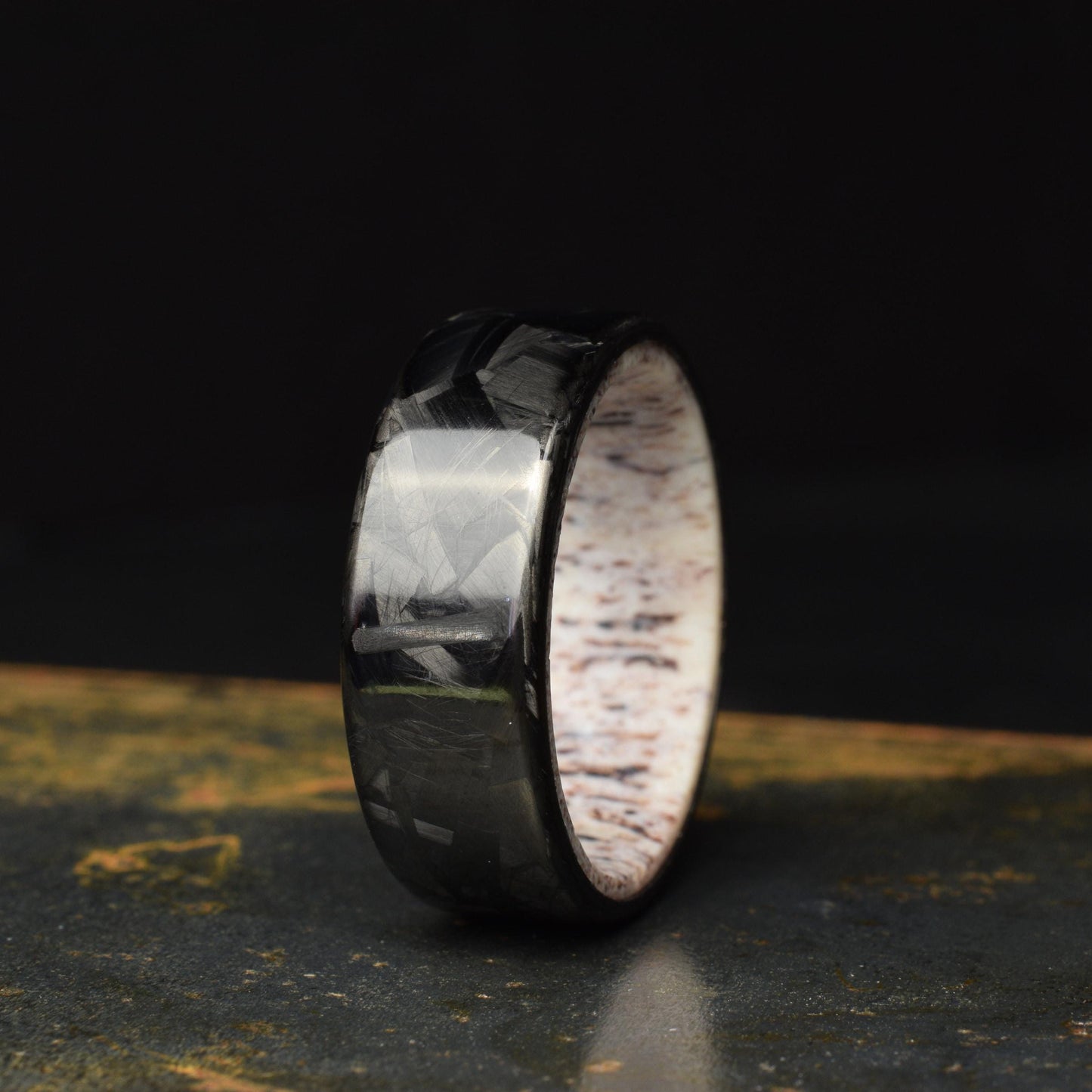 Polished Lg Chopped Carbon Fiber Wedding Band with Deer Antler Liner — Apex Hunter view 5