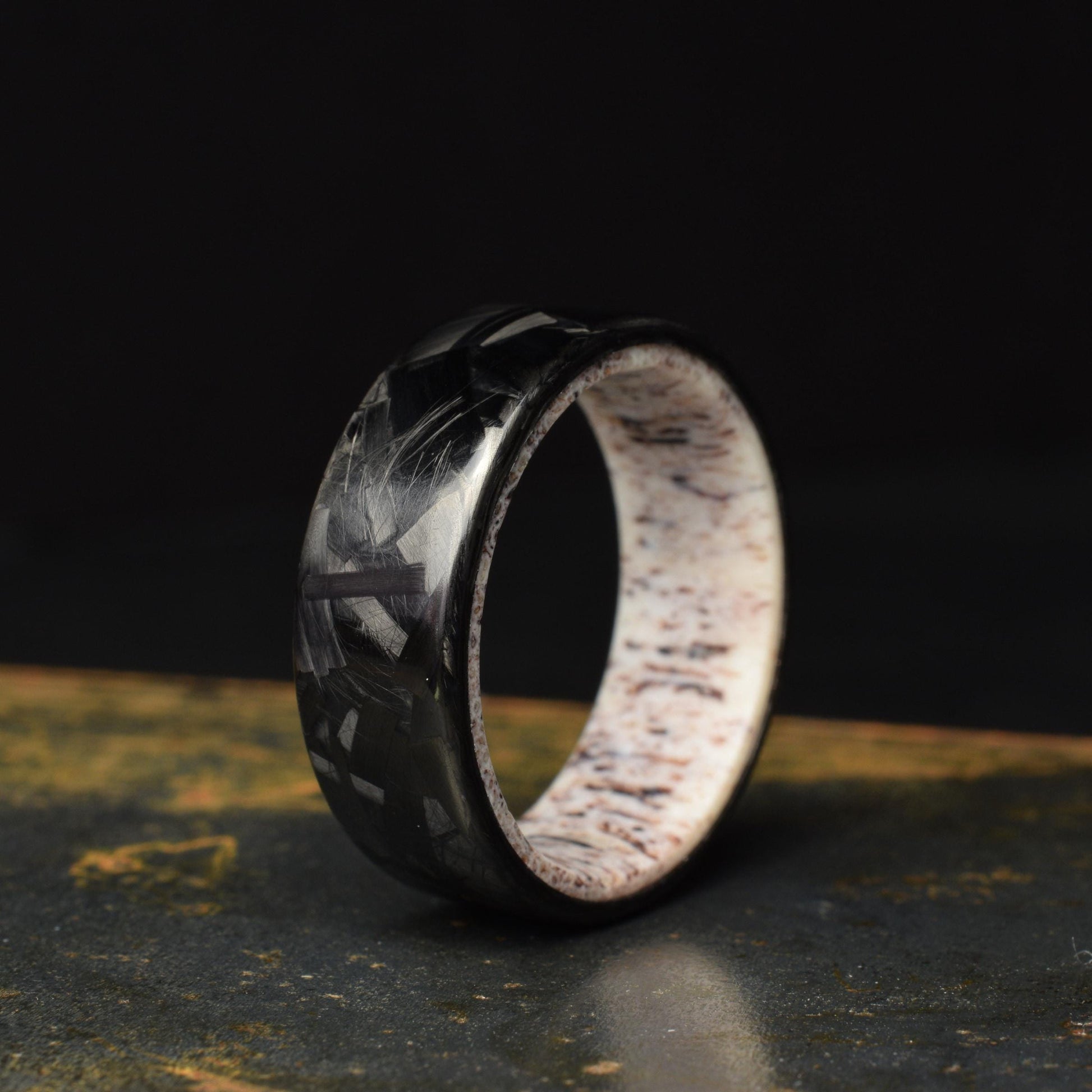 Polished Lg Chopped Carbon Fiber Wedding Band with Deer Antler Liner — Apex Hunter view 4