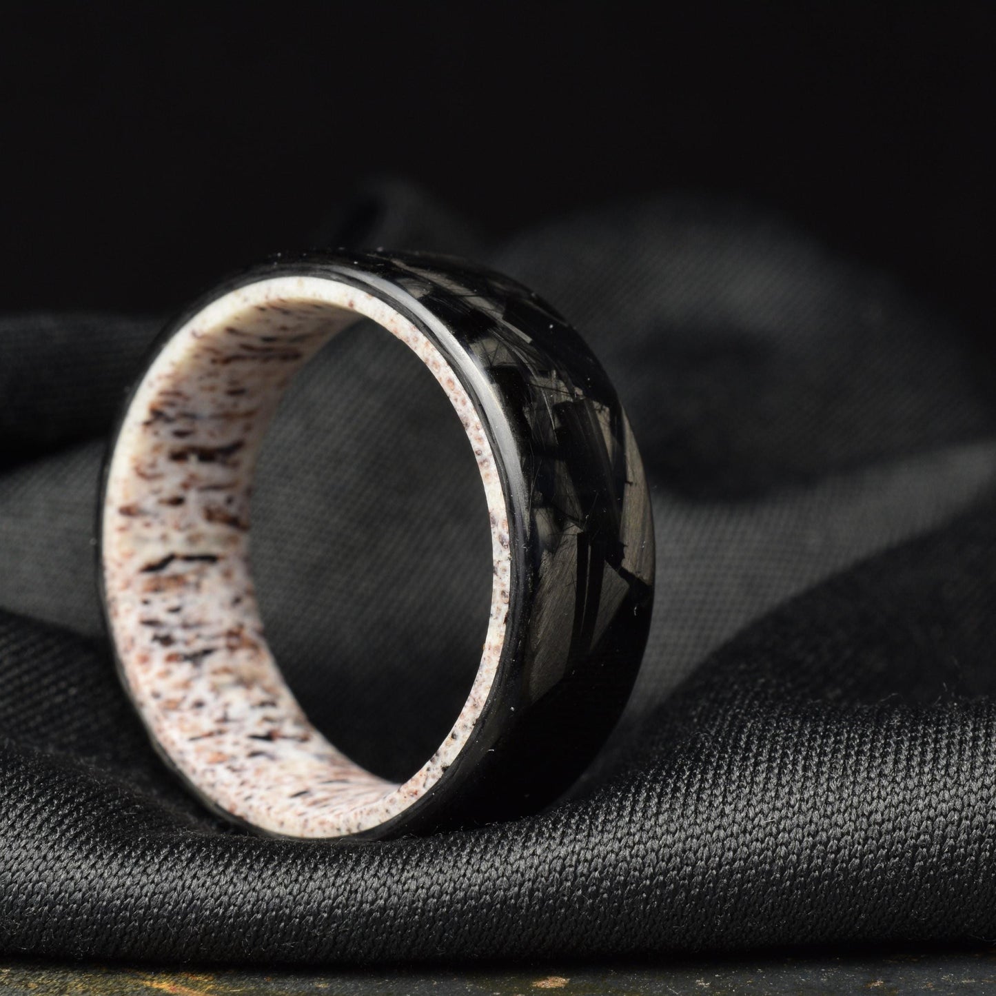 Polished Lg Chopped Carbon Fiber Wedding Band with Deer Antler Liner — Apex Hunter view 6