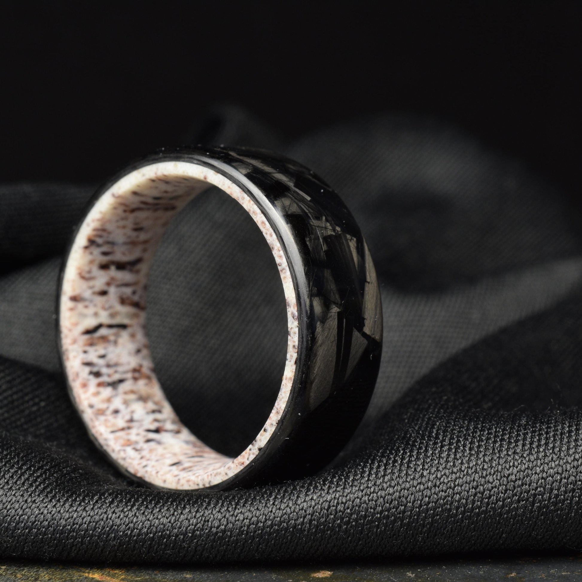 Polished Lg Chopped Carbon Fiber Wedding Band with Deer Antler Liner — Apex Hunter view 6