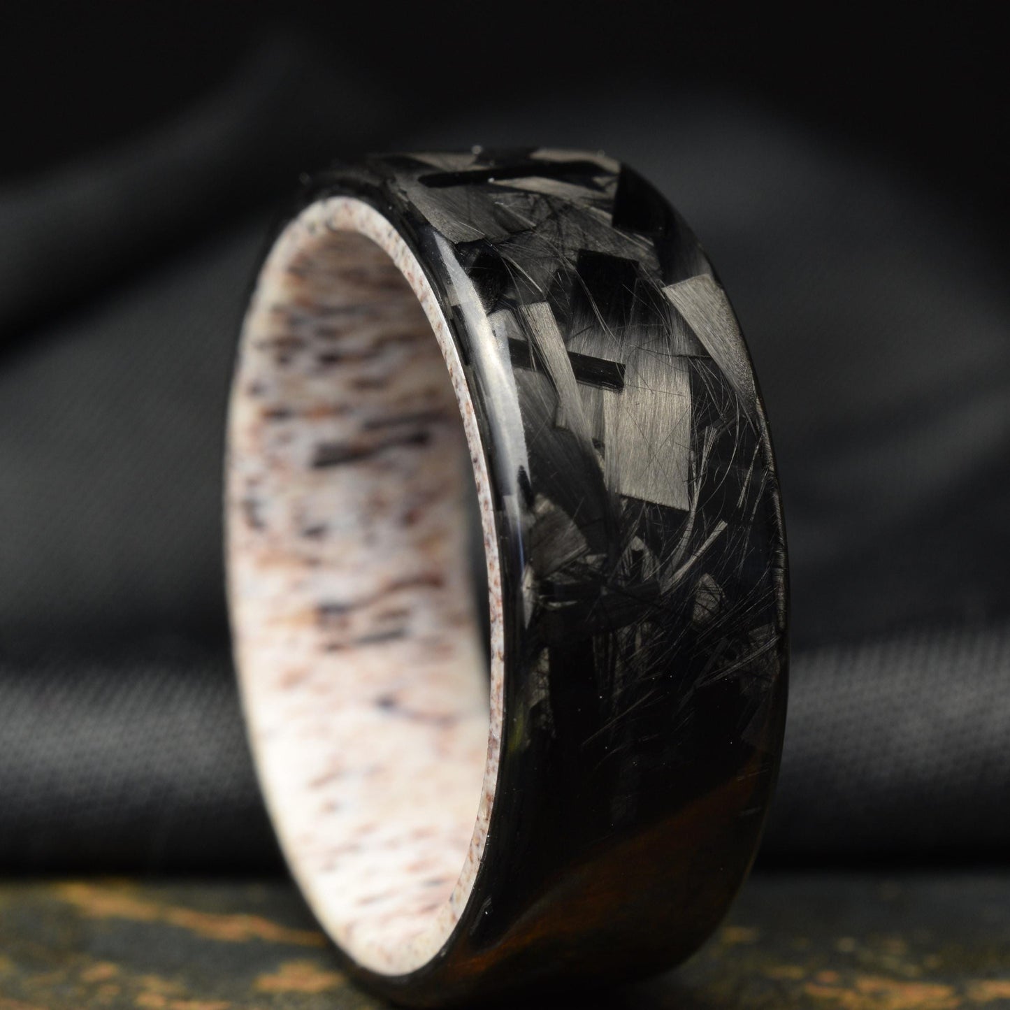 Polished Lg Chopped Carbon Fiber Wedding Band with Deer Antler Liner — Apex Hunter view 1