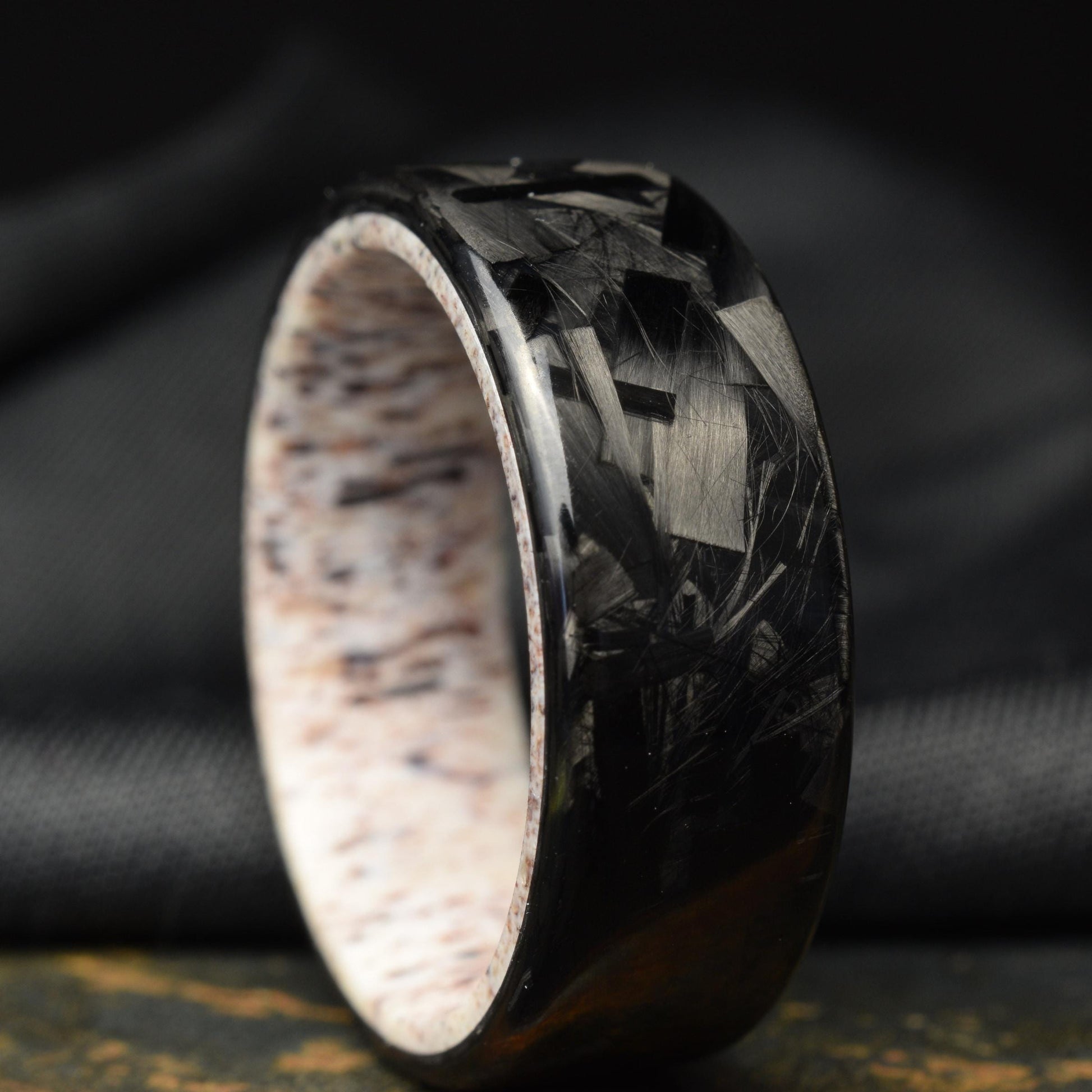 Polished Lg Chopped Carbon Fiber Wedding Band with Deer Antler Liner — Apex Hunter view 1
