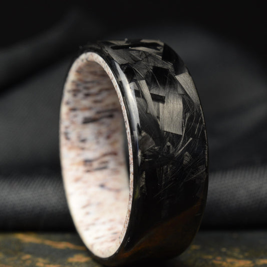Polished Lg Chopped Carbon Fiber Wedding Band with Deer Antler Liner — Apex Hunter view 1