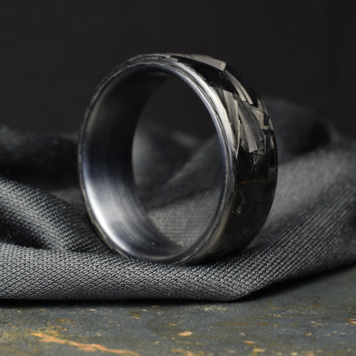 Polished Large Chopped Carbon Fiber Ring with Brushed Black Titanium Liner — Blackline GT view 6