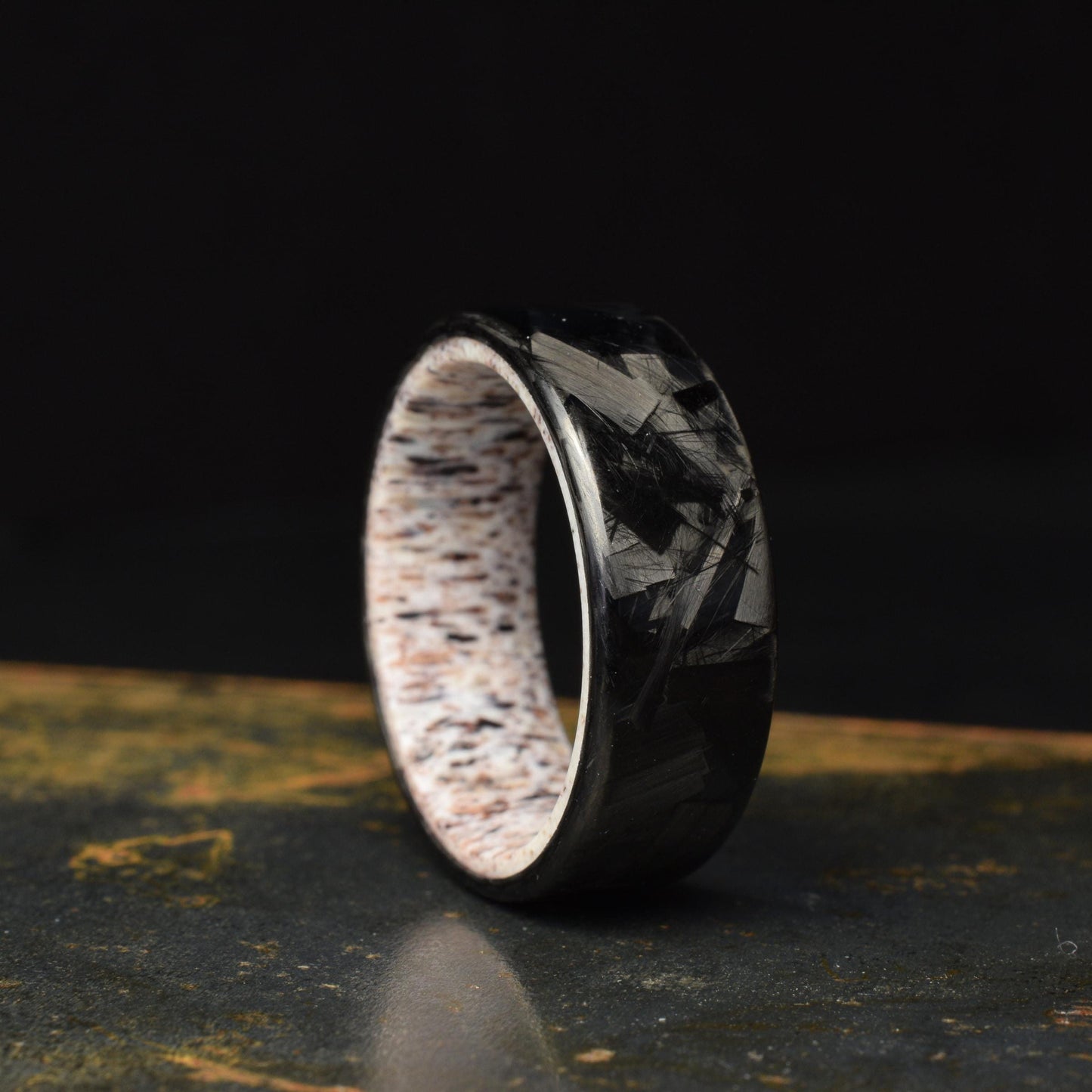 Polished Lg Chopped Carbon Fiber Wedding Band with Deer Antler Liner — Apex Hunter view 3