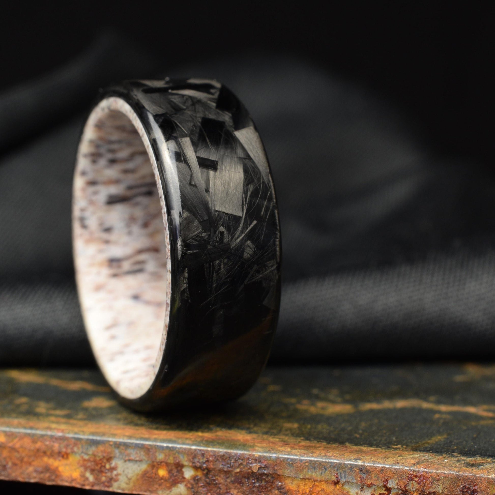 Polished Lg Chopped Carbon Fiber Wedding Band with Deer Antler Liner — Apex Hunter view 10