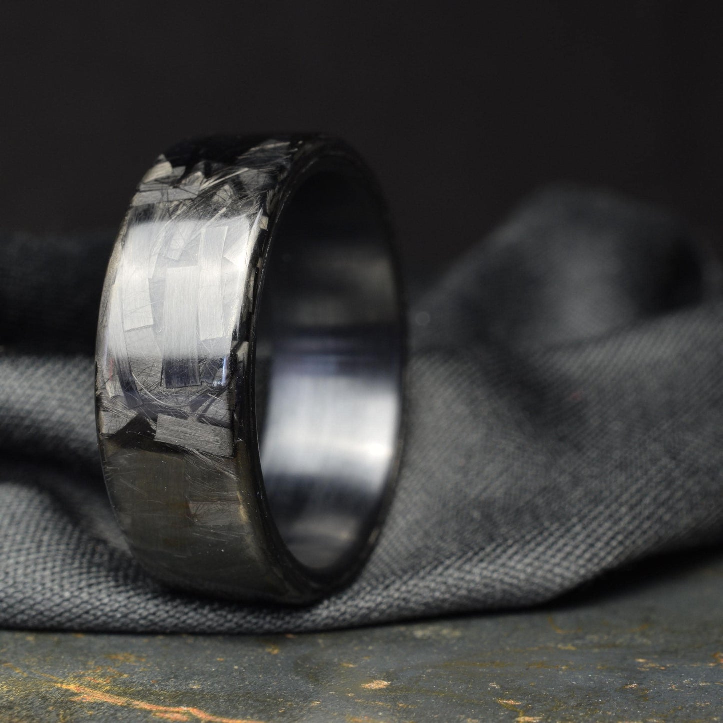 Polished Large Chopped Carbon Fiber Ring with Brushed Black Titanium Liner — Blackline GT view 7